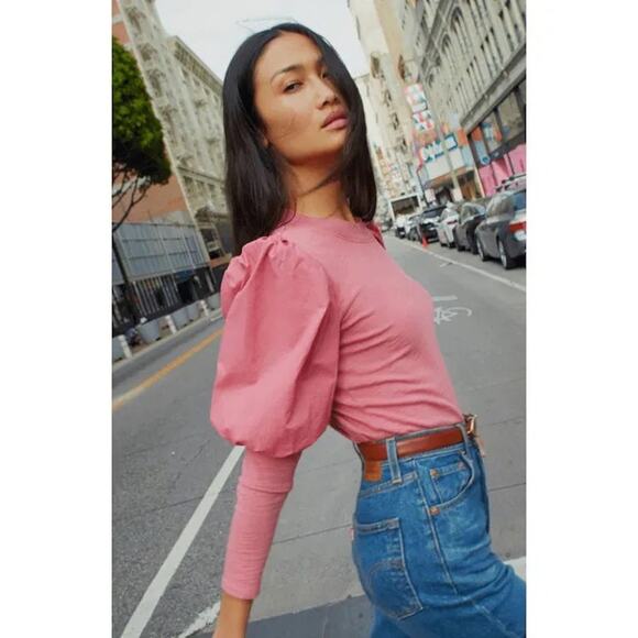 NATION LTD Top Size Small Daniella Combo Party Tee Puff Sleeve Cotton Geranium - Picture 2 of 15